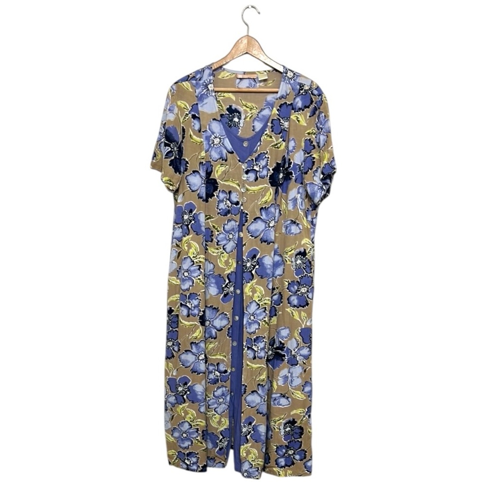 La Cera Blue Floral Midi Dress XL Tropical Button Front V Neck Coastal